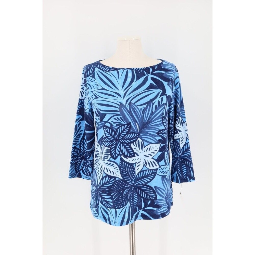 Talbots Tee Cotton Stretch Blue Floral Leaves 3/4 Sleeves Women’s L Petite NWT